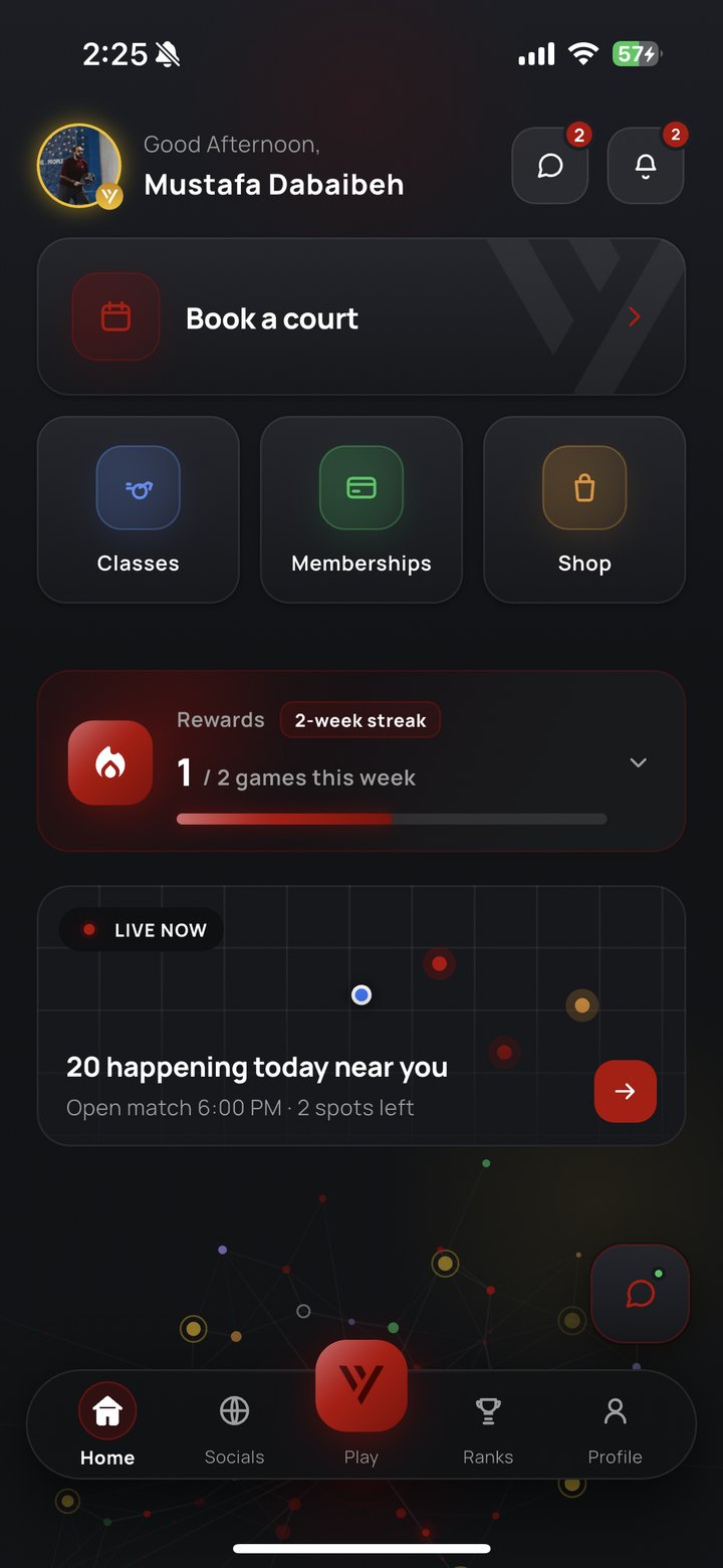 New app home: book a court, classes, memberships, shop, a rewards streak and live matches nearby