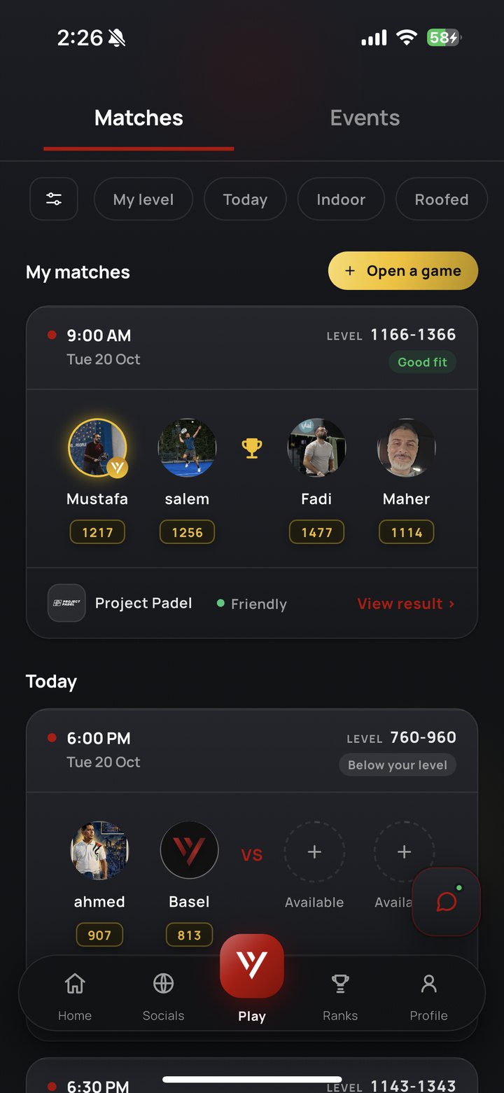 New matches list with level, day, indoor and roofed filters and a level-fit label on each match