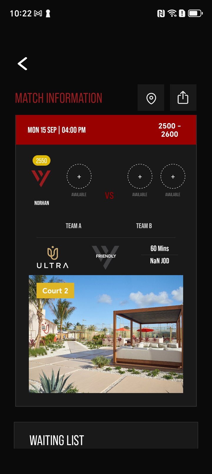 Old match information screen with teams, a court photo and a waiting list