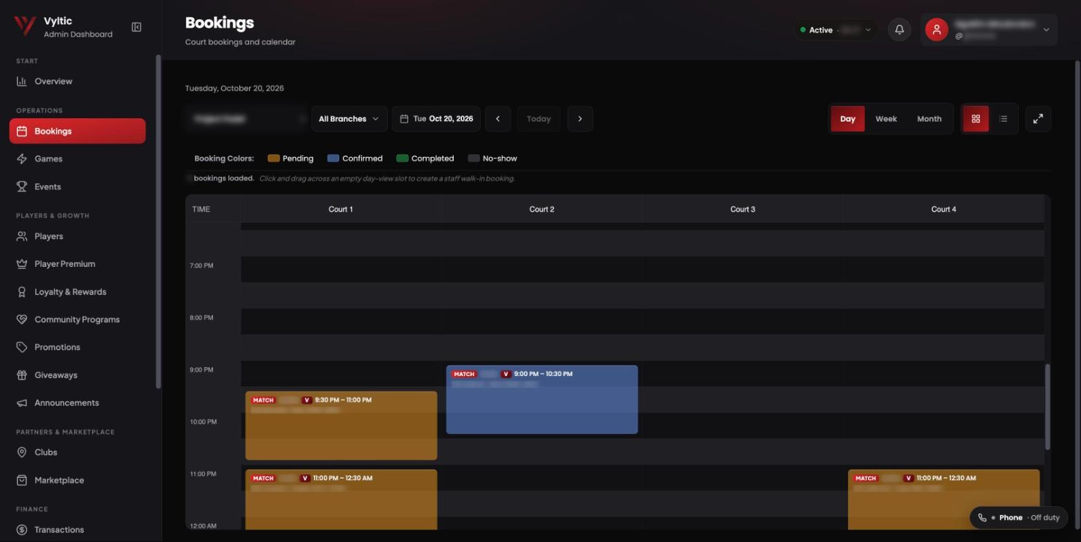 New bookings calendar: courts as columns, bookings coloured by status