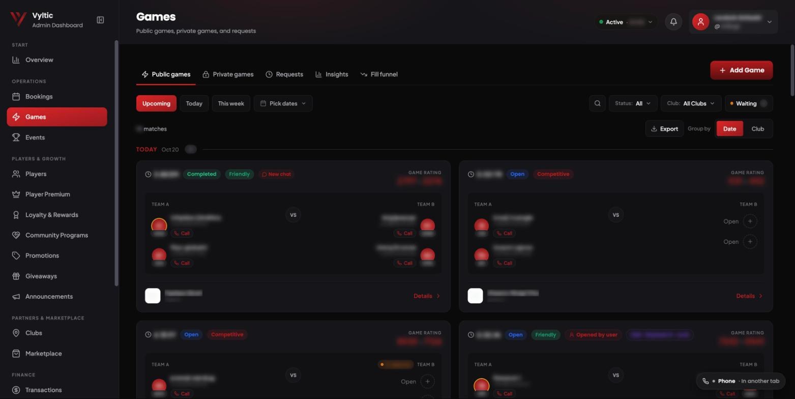 Games page with match cards showing teams, status and game rating