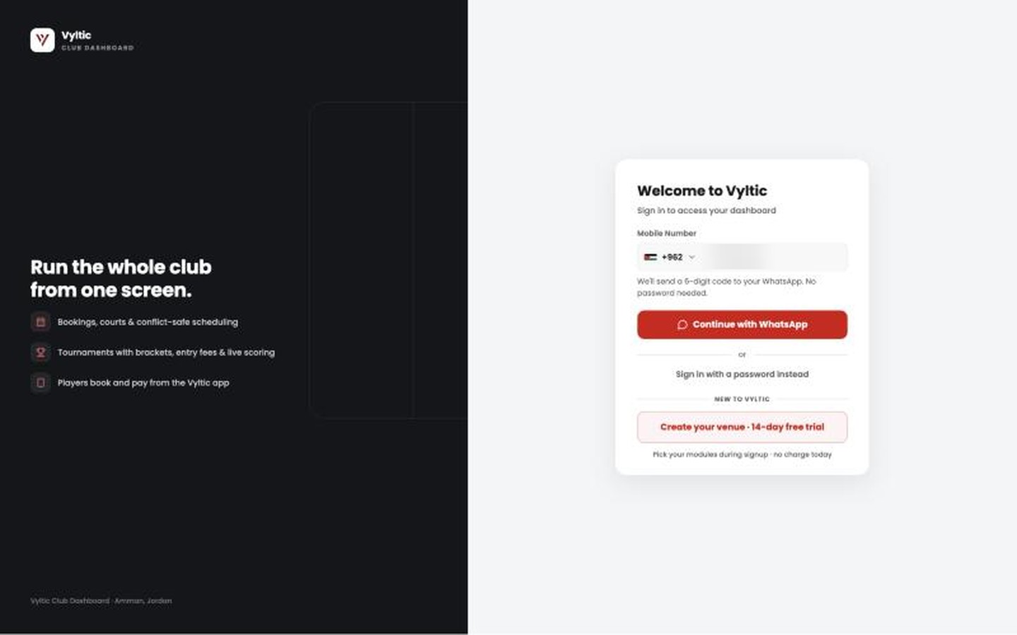 New Vyltic sign-in: WhatsApp code sign-in, password fallback and a create-your-venue trial button