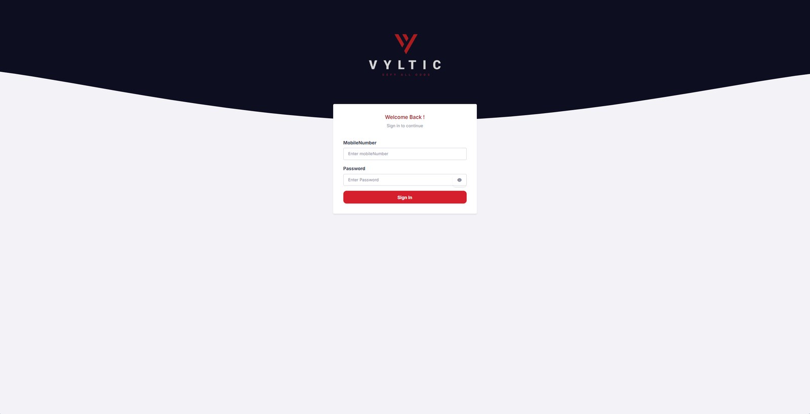 Old Vyltic sign-in: mobile number and password form on a navy wave