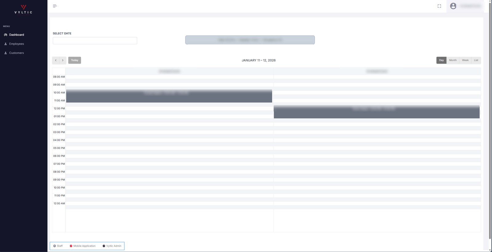 Old bookings calendar: one club, two grey booking blocks
