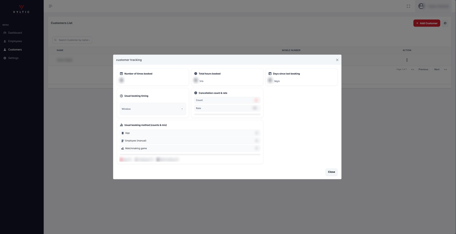 Old customer list with a customer tracking pop-up