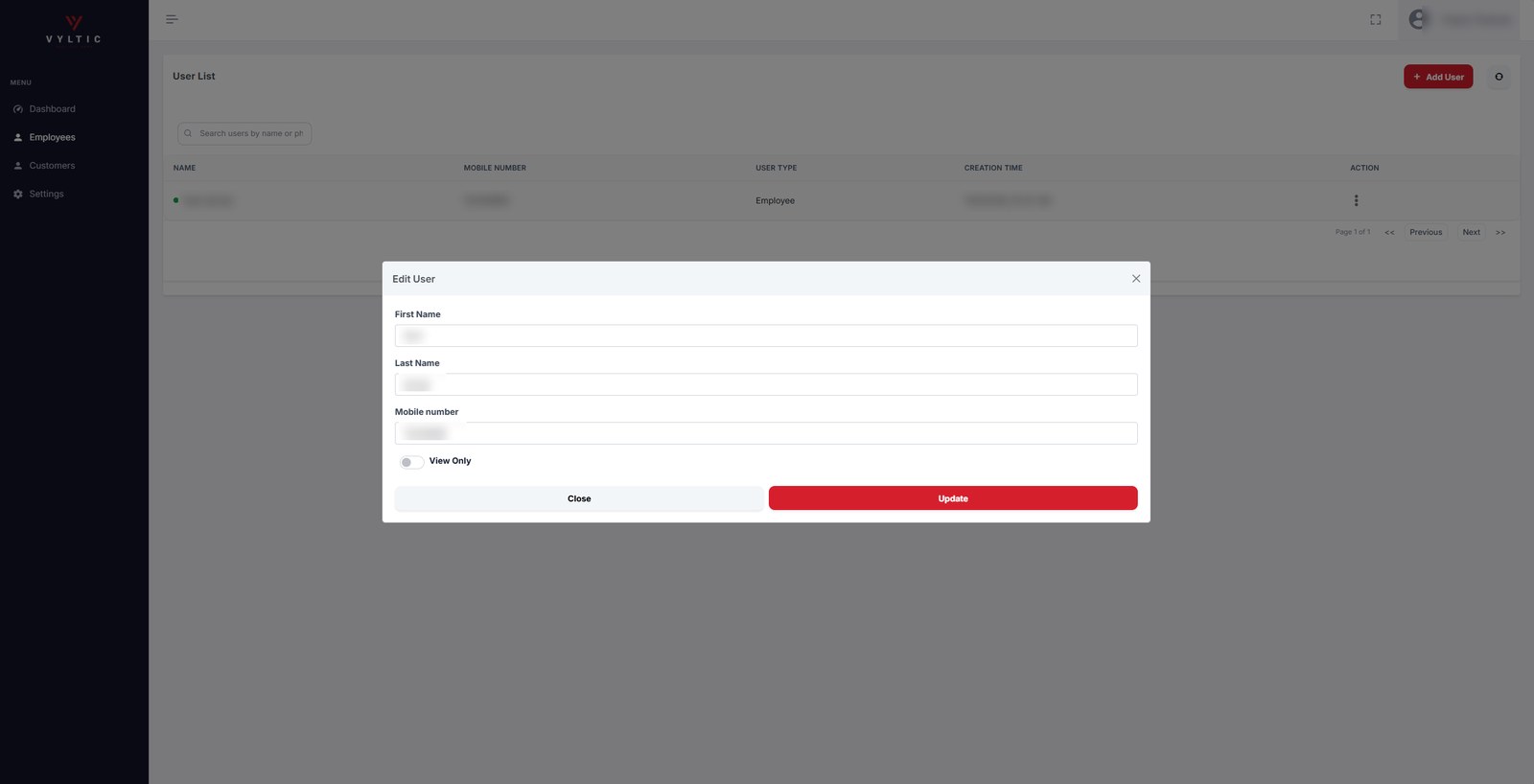 Old employee list with an edit-user form and a view-only switch